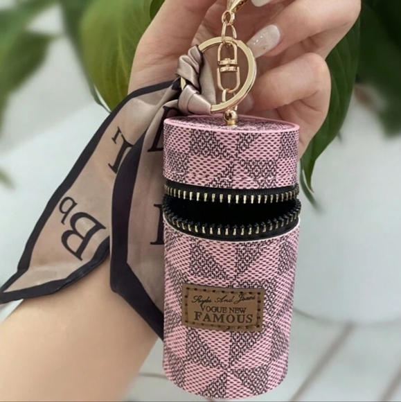Your Now Famous Accessories - 1pc Cosmetic Case Keychain Mini Round Cylinder Lipgloss/Coin Purse Storage Pouch